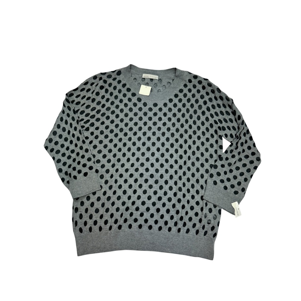 Hinge Polka Dot Sweater Women Size large Grey Black 3/4 Sleeve Mesh Detail Knit